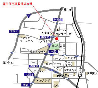 当社案内図　お客様専用Ｐ有　香里園駅より徒歩１０分